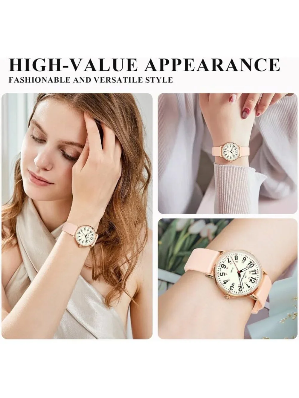 Women's Pink-Gold Metal Case Silicone Strap Luminous Date Display Wrist Watches